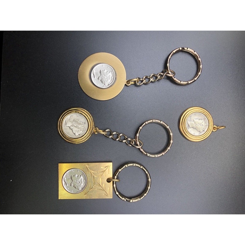 Lot Of 4 Liberty Dimes Coin In Vintage Gold-tone Keychains‎ Antique Coin